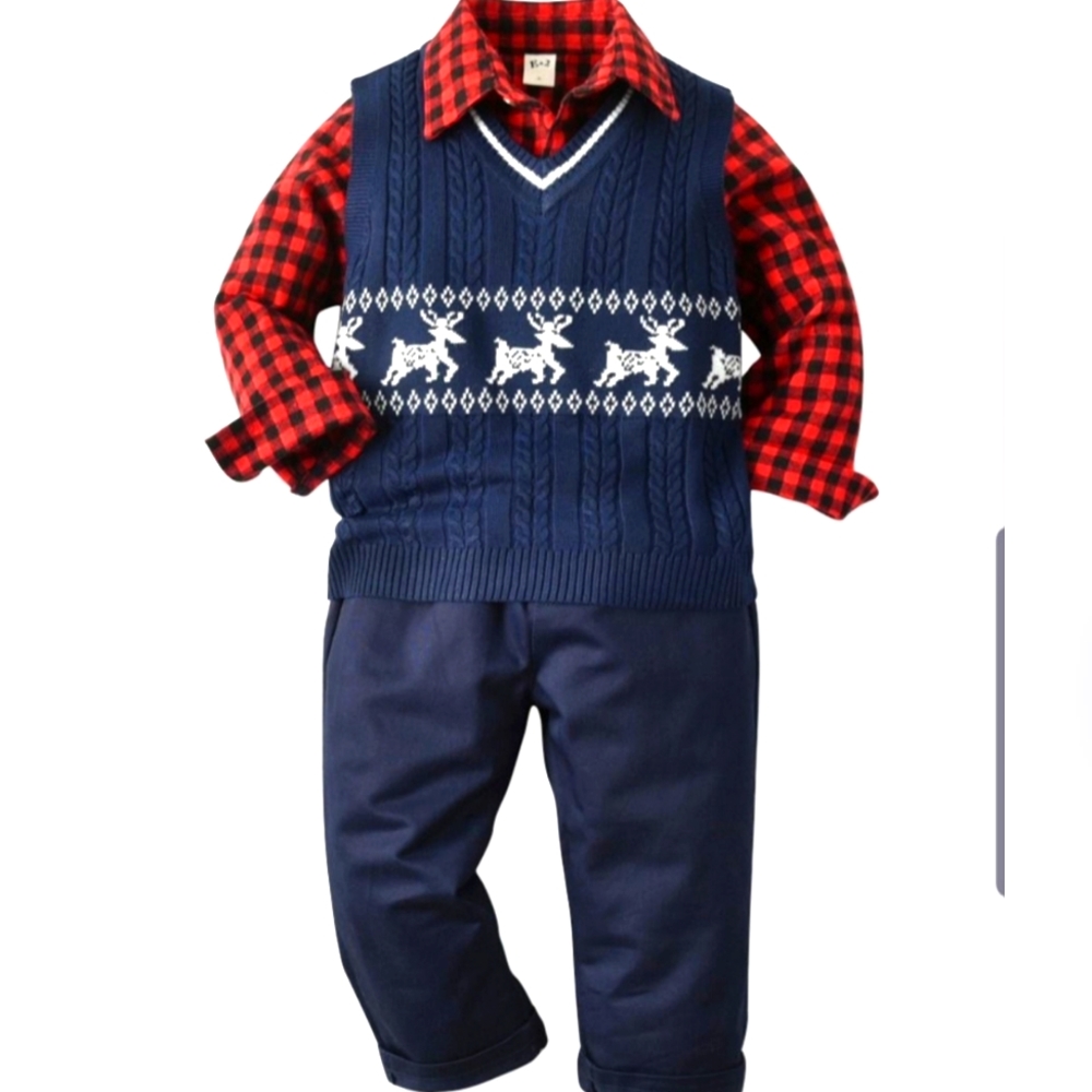 3pc Deer & Buffalo Plaid Outfit
